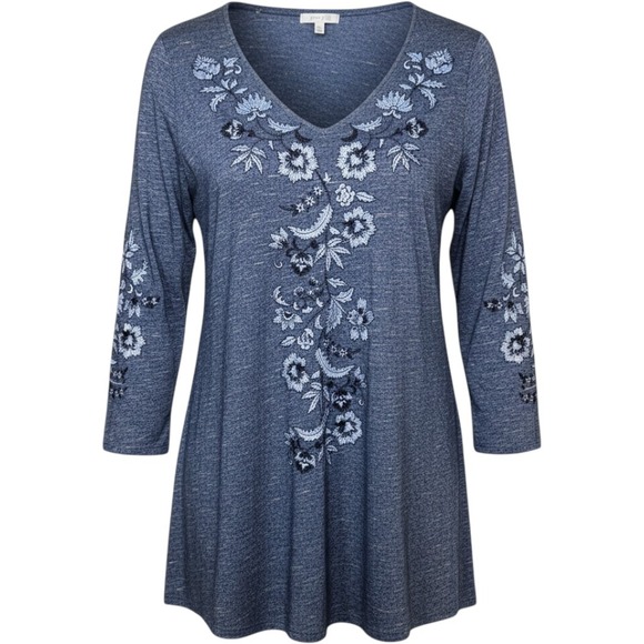 J.Jill Tops - J.Jill Pure Jill Navy Blue Floral Embroidered V-Neck Tunic Top XS